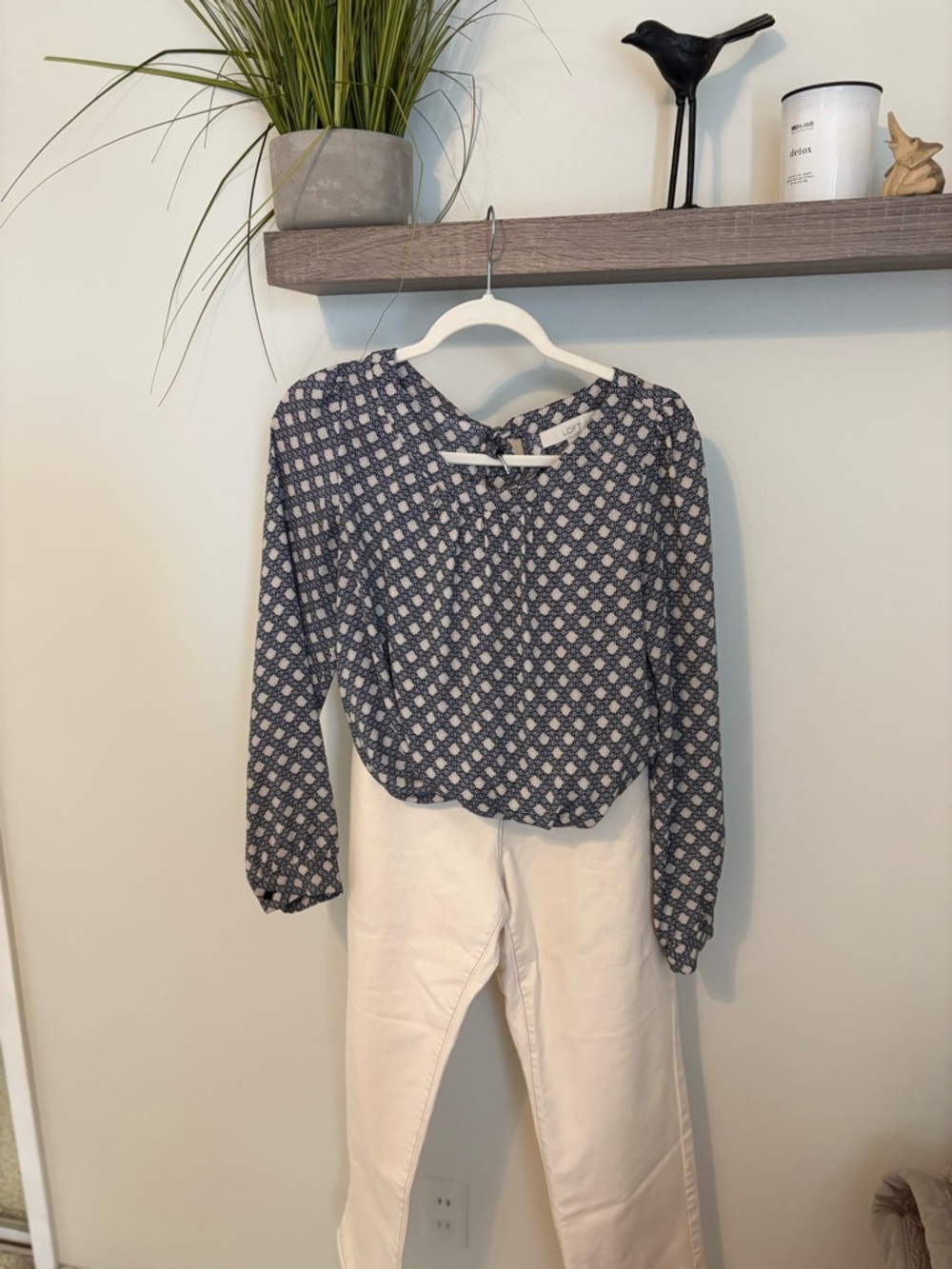 LOFT Navy and Cream Floral-Print Blouse